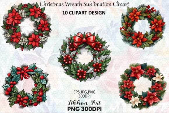 10 Christmas Wreath Sublimation Clipart for Holiday Illustrations