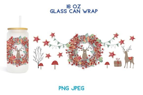 16 Oz Glass Wrap Happy Holiday Christmas Illustrations