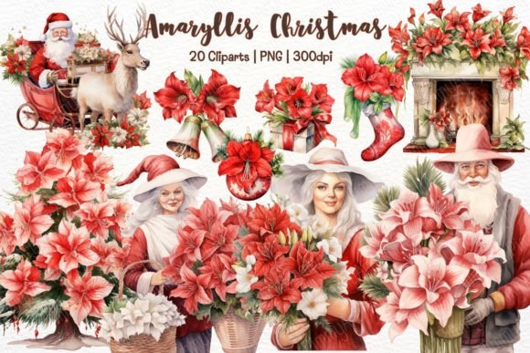Amaryllis Christmas Watercolor Clipart for Modern Illustrations
