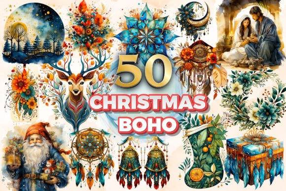 Christmas Boho Clipart Sublimation 3 for Illustrations