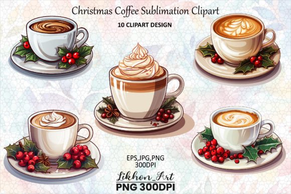 Christmas Coffee Sublimation Clipart Illustrations