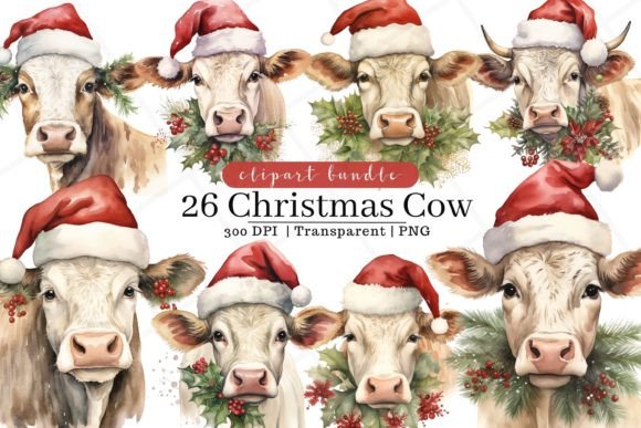 Christmas Cow Watercolor Clipart for Handmade Creations