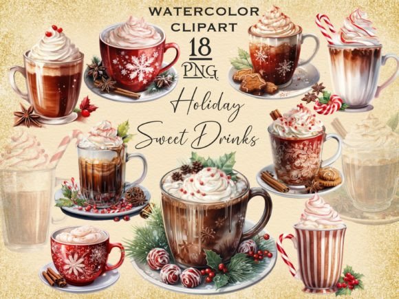 Christmas Drinks Watercolor PNG Bundle: Festive Illustrations for Crafters