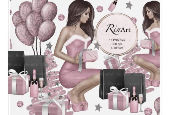 Christmas Fashion Girl with Gift Clipart for Illustrations