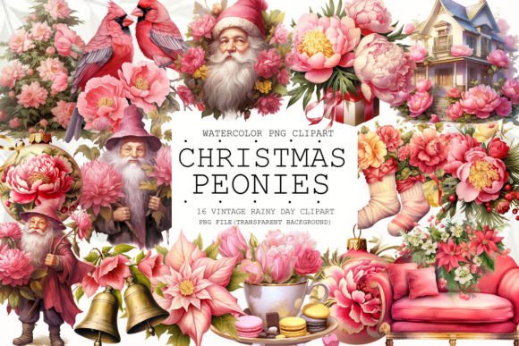 Christmas Peonies Ornament Clipart for Branding and Packaging