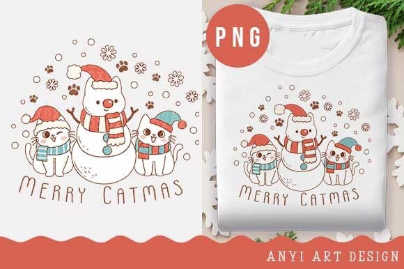Christmas Snowman Cat Sublimation PNG for Illustrations