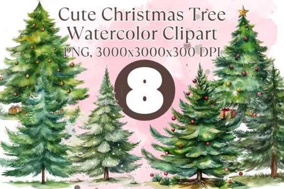 Christmas Tree Watercolor Clipart Bundle for Illustrations