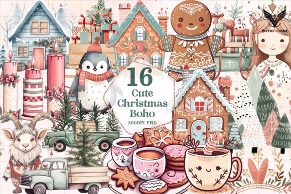 Cute Christmas Boho Sublimation Clipart for Website and Editorial Design