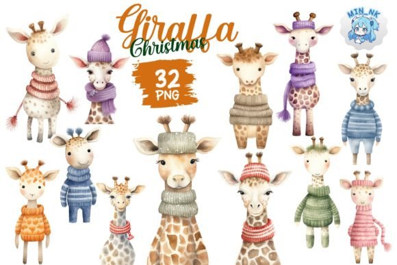 Cute Giraffe Christmas Watercolor for Holiday Illustrations