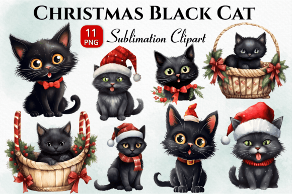 Funny Christmas Black Cat PNG Clipart for Illustrations