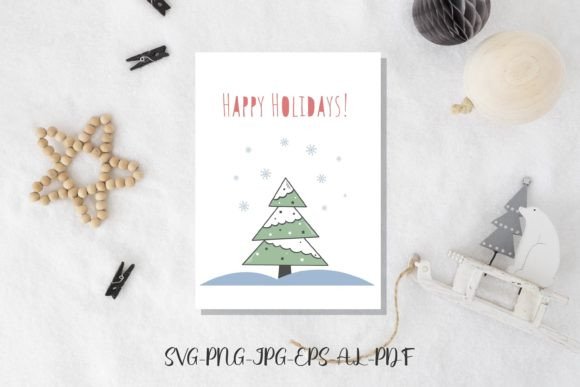 Happy Holidays Card with Christmas Tree Illustrations
