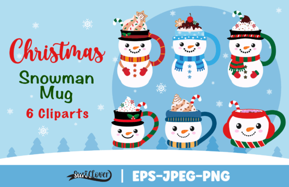 Kawaii Christmas Snowman Mugs Clipart for Modern Illustrations