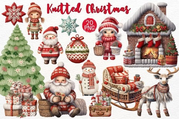Knitted Christmas Watercolor Clipart for Branding and Illustrations