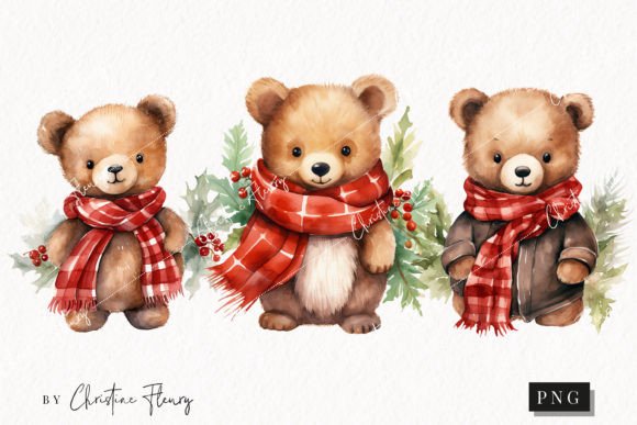 Watercolor Christmas Bears Clipart for Festive Illustrations