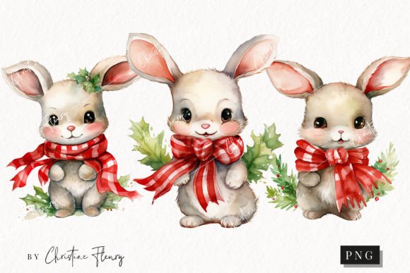 Watercolor Christmas Bunnies Clipart for Editorial and Web Design