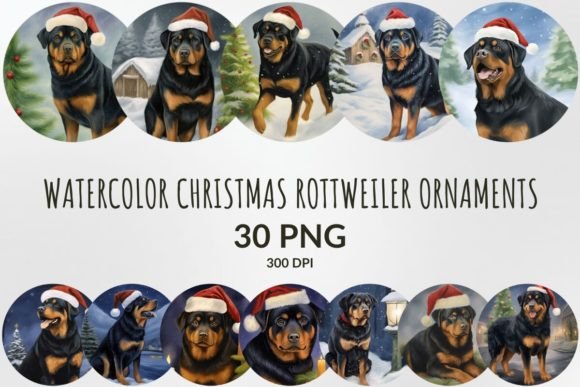 Watercolor Christmas Rottweiler Ornament for Brand Illustrations