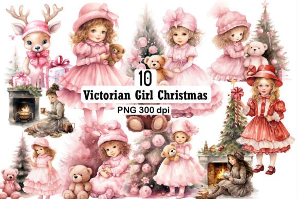 Watercolor Victorian Christmas Girls Png for Blog and Web Design